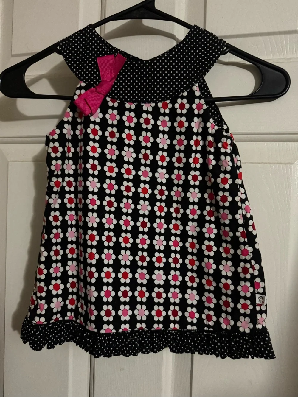 Girls Black Floral Halter Dress with Pink Bow Accent